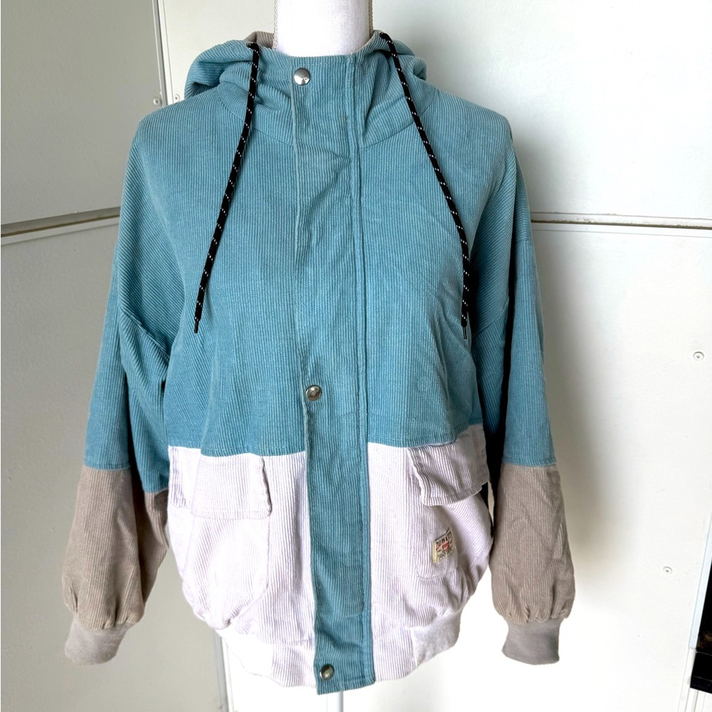 Colorblock Hooded Corduroy Jacket -